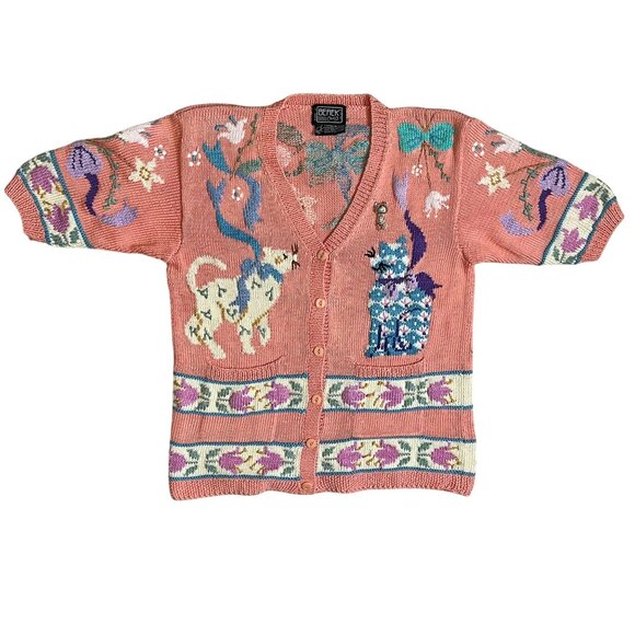 Berek 1989 Hand-Knit Cat Sweater Cardigan + Vintage Cat Brooch 100% Pima Cotton - Picture 7 of 13